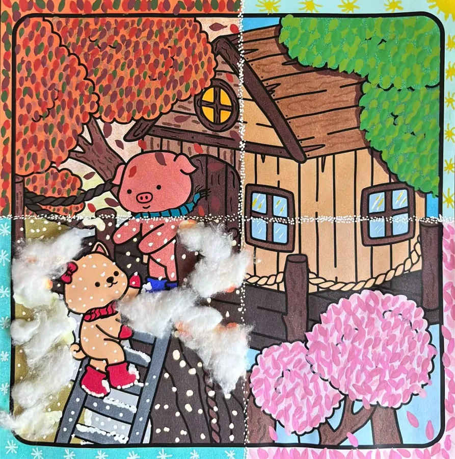 Coloriage cosy d'une maison dans un arbre aux quatre saisons, avec du coton collé pour la neige