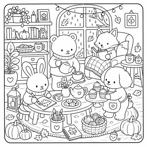 Free cozy coloring page to print with cute animals, tea, rain and autumn details