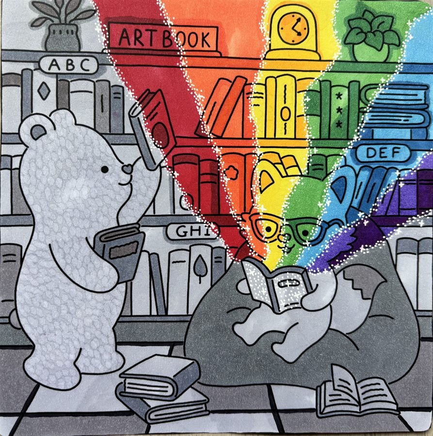 Coloriage cosy arc en ciel dans une bibliothèque avec animaux mignons