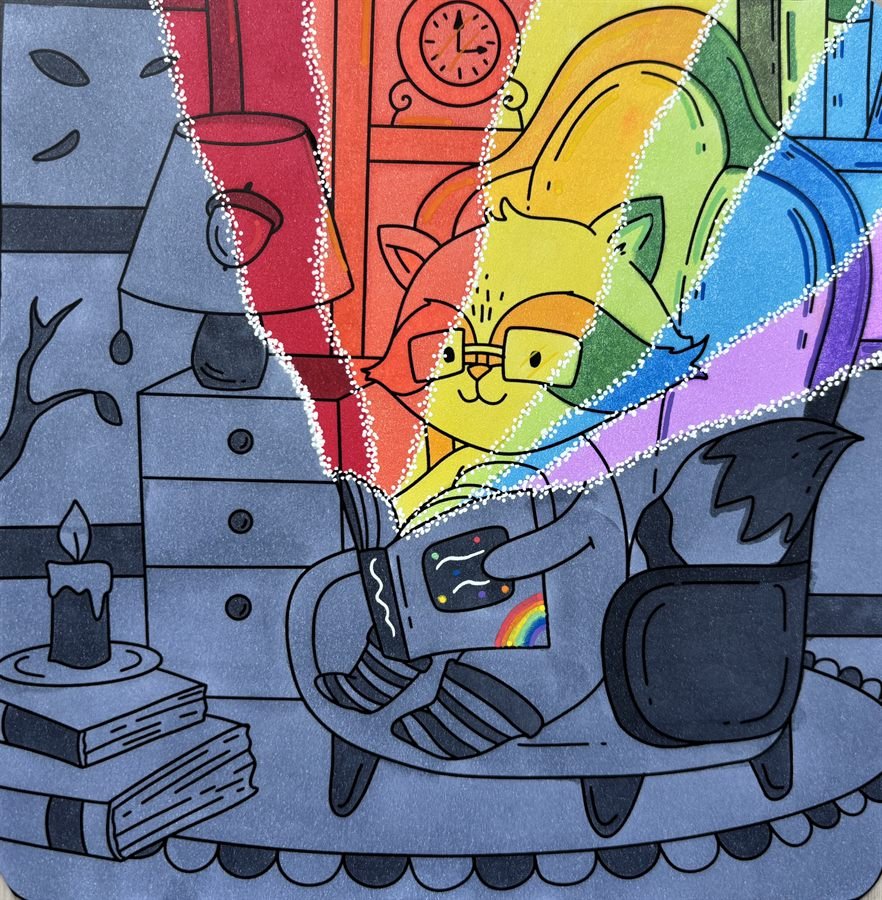 Coloriage cosy arc en ciel avec personnage dans un fauteuil