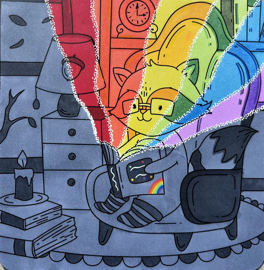 Coloriage cosy arc en ciel avec personnage dans un fauteuil
