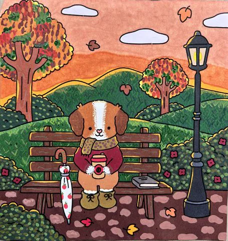 Autumn cozy coloring page with a dog on a bench
