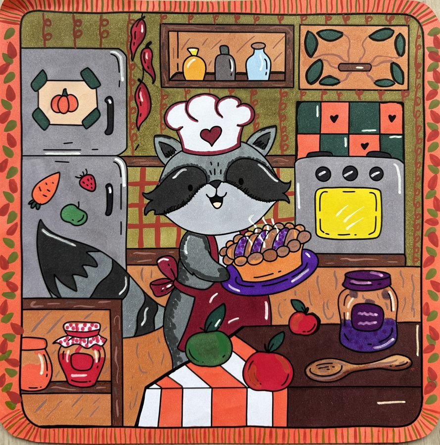 Coloriage cosy automne avec cuisine, pommes et confitures