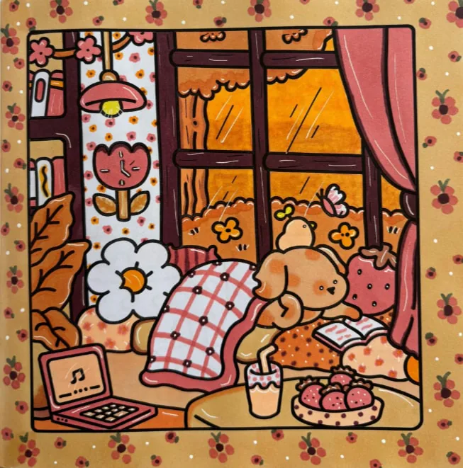 Coloriage cosy automne avec un ourson qui lit près d'une fenêtre sous la pluie