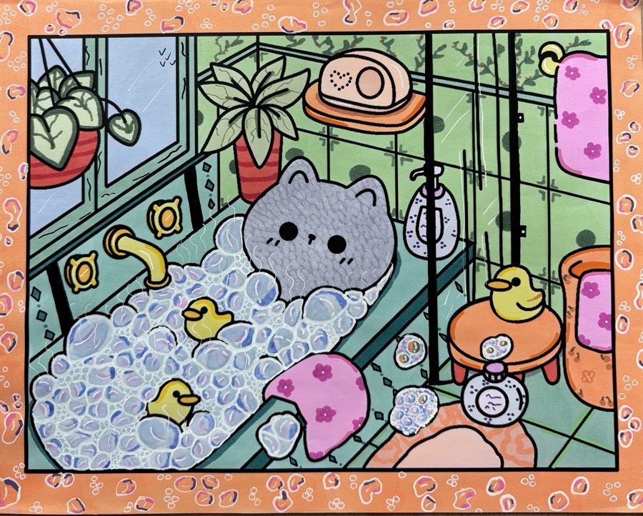 Coloriage cosy avec chat dans un bain moussant et petits canards