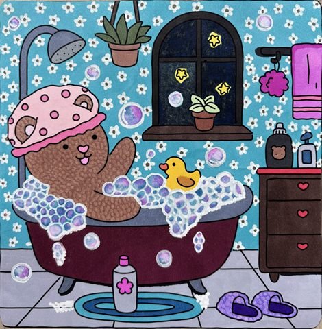 Cozy coloring example with a bear in a bubble bath