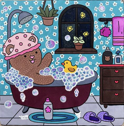 Cozy coloring example with a bear in a bubble bath