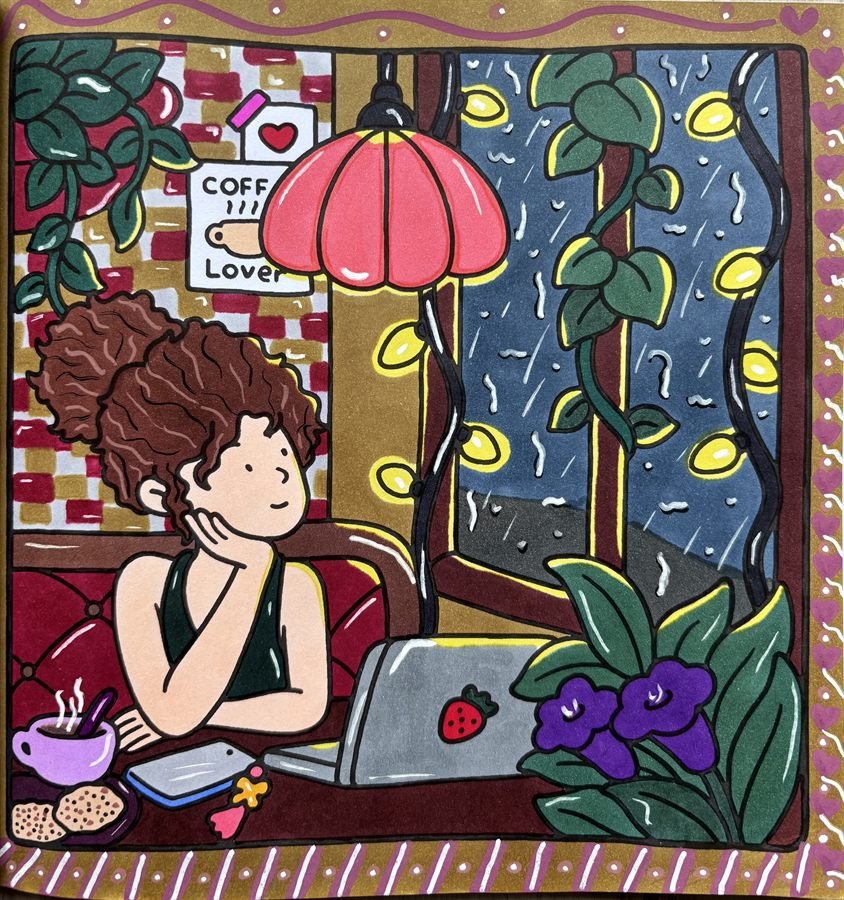 Coloriage cosy pluie avec personnage près d'une fenêtre et tasse chaude