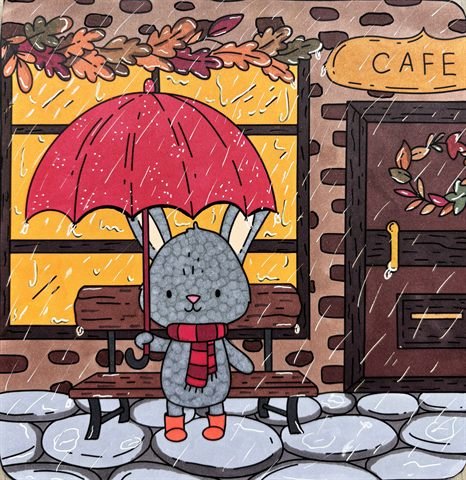 Cozy coloring example with a rainy day and a rabbit holding an umbrella