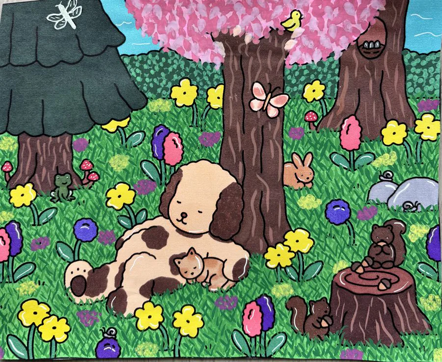 Coloriage cosy fleuri avec marché de légumes et animaux