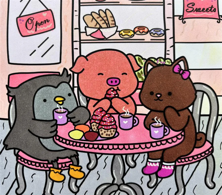 Coloriage cosy avec animaux autour d'une table et tasses fumantes
