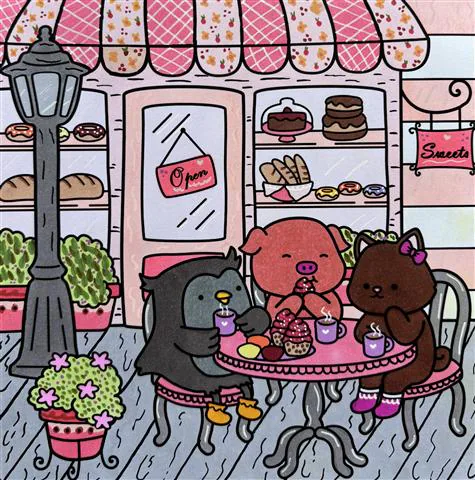 Coloriage cosy d'un goûter devant une vitrine