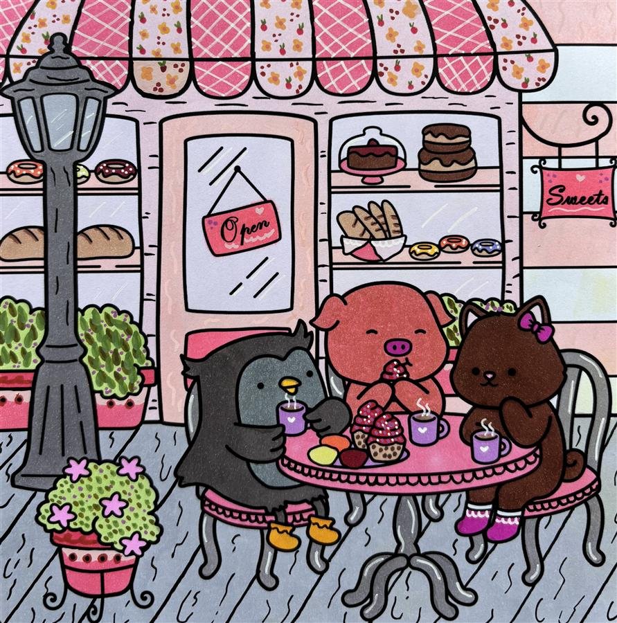 Coloriage cosy d'une vitrine de goûter avec animaux et tasses chaudes