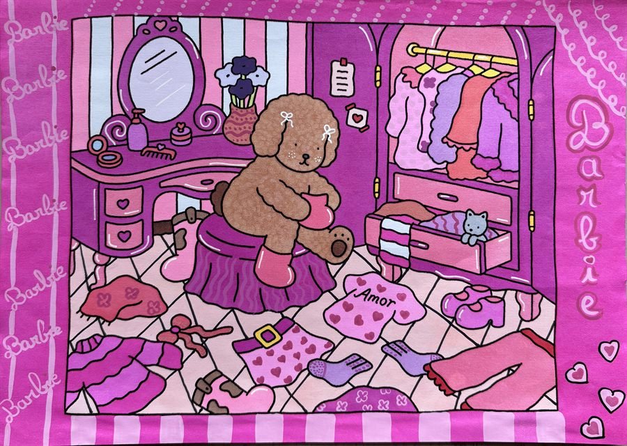 Coloriage cosy thème Barbie avec chambre rose et ours