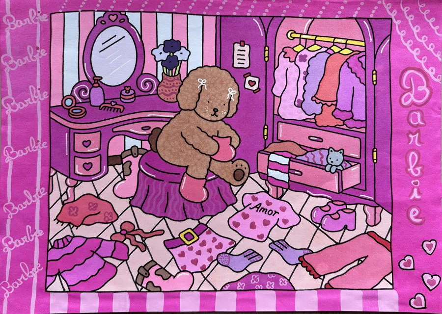 Coloriage cosy thème Barbie avec chambre rose et ours