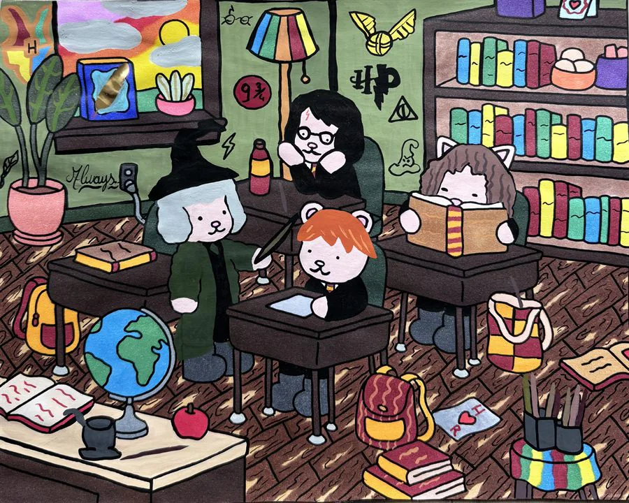 Coloriage cosy thème Harry Potter dans une salle de classe magique