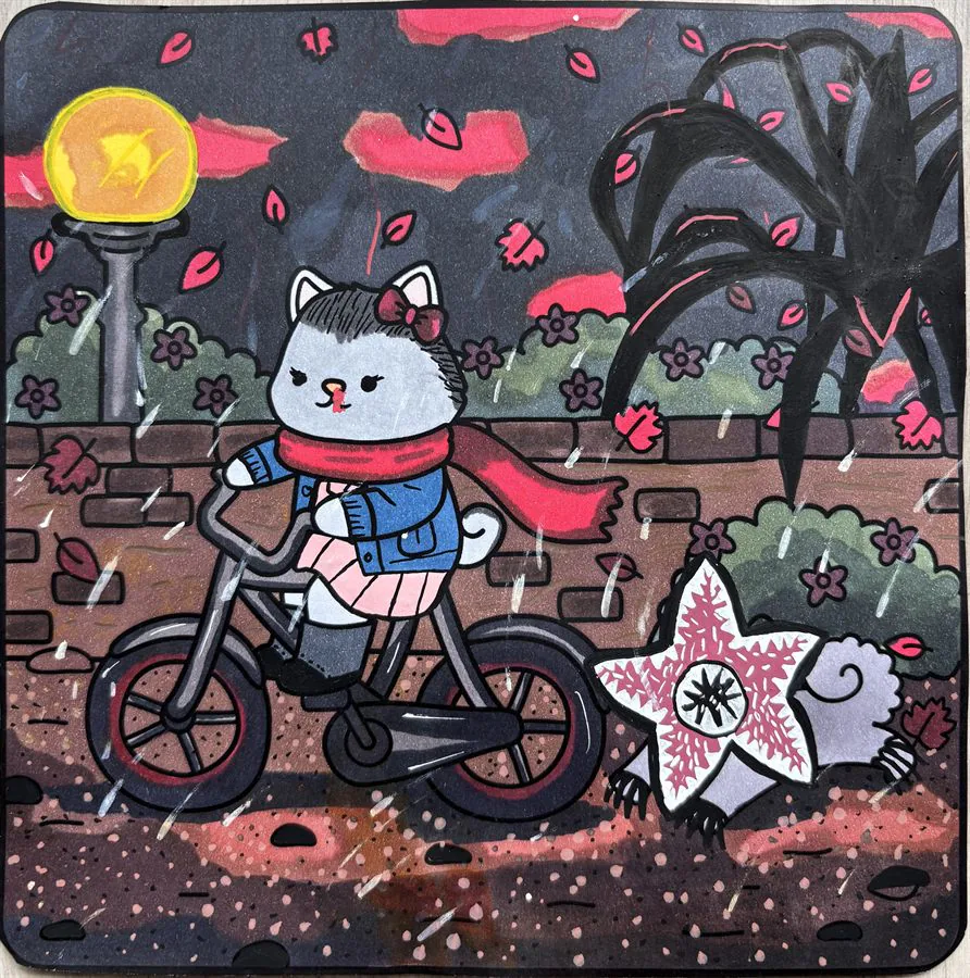 Coloriage cosy thème Stranger Things avec chat à vélo sous la pluie