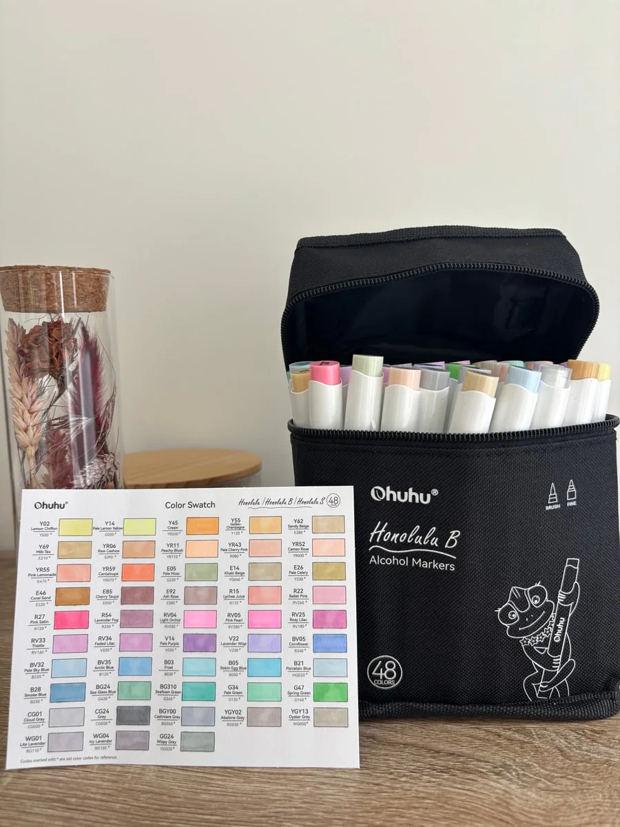 Set Ohuhu Honolulu B de 48 feutres pastel avec trousse et nuancier colorié