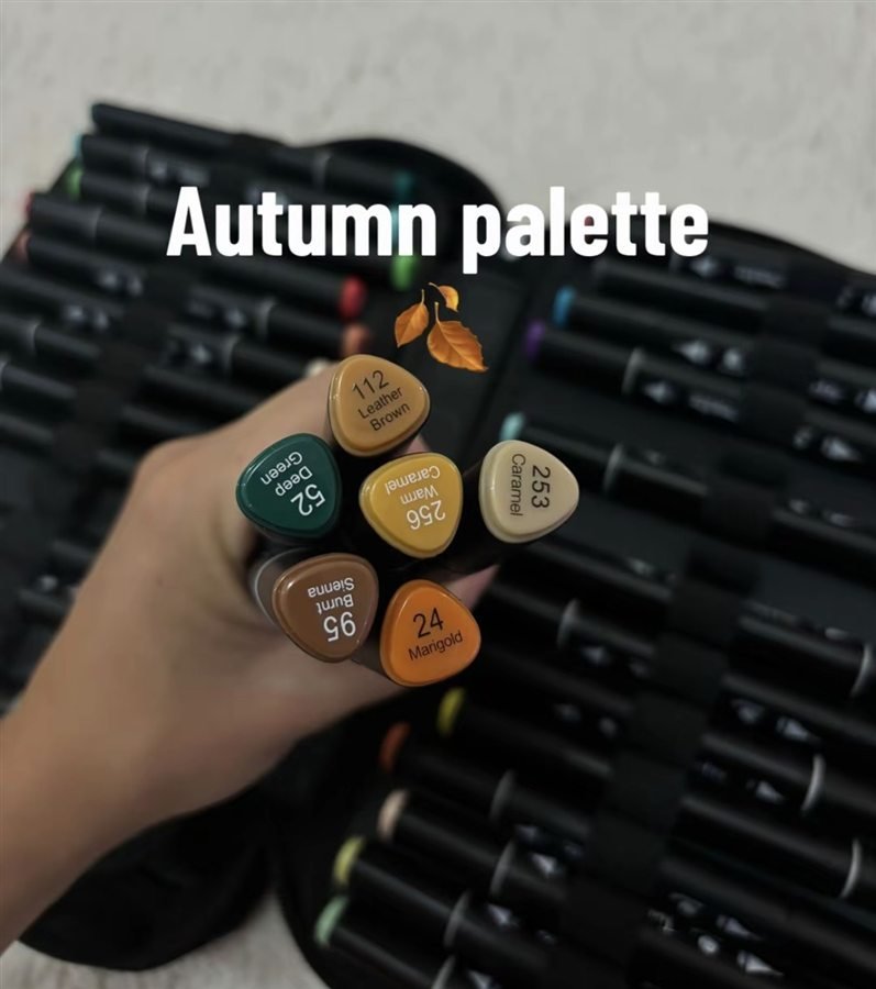 Palette automne cosy colo avec feutres bruns, verts, caramel et orange doux