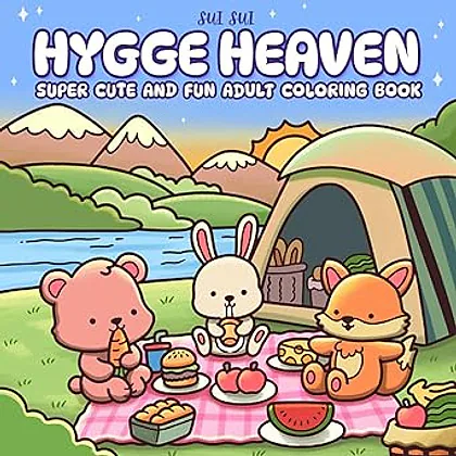 Cover of the Sui Sui Hygge Heaven coloring book showing animals having a picnic in front of a tent
