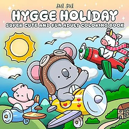 Cover of the Sui Sui Hygge Holiday coloring book showing a koala pilot and small planes