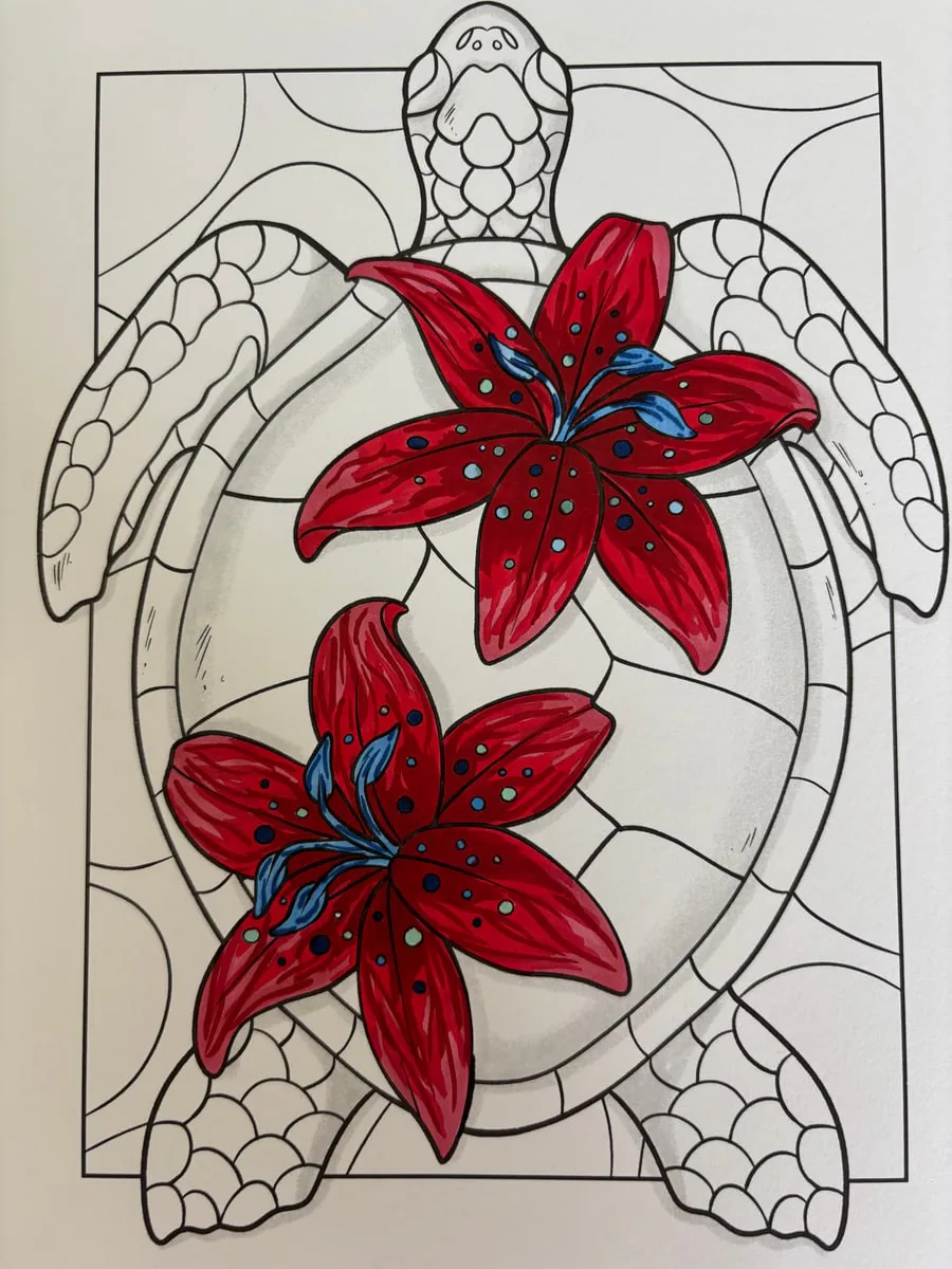 Résultat du coloriage de deux fleurs rouges sur une tortue avec les feutres Ohuhu
